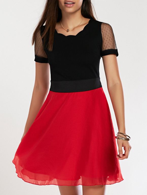 Hit Color Short Sleeve A-Line Dress - Rouge et Noir 2XL