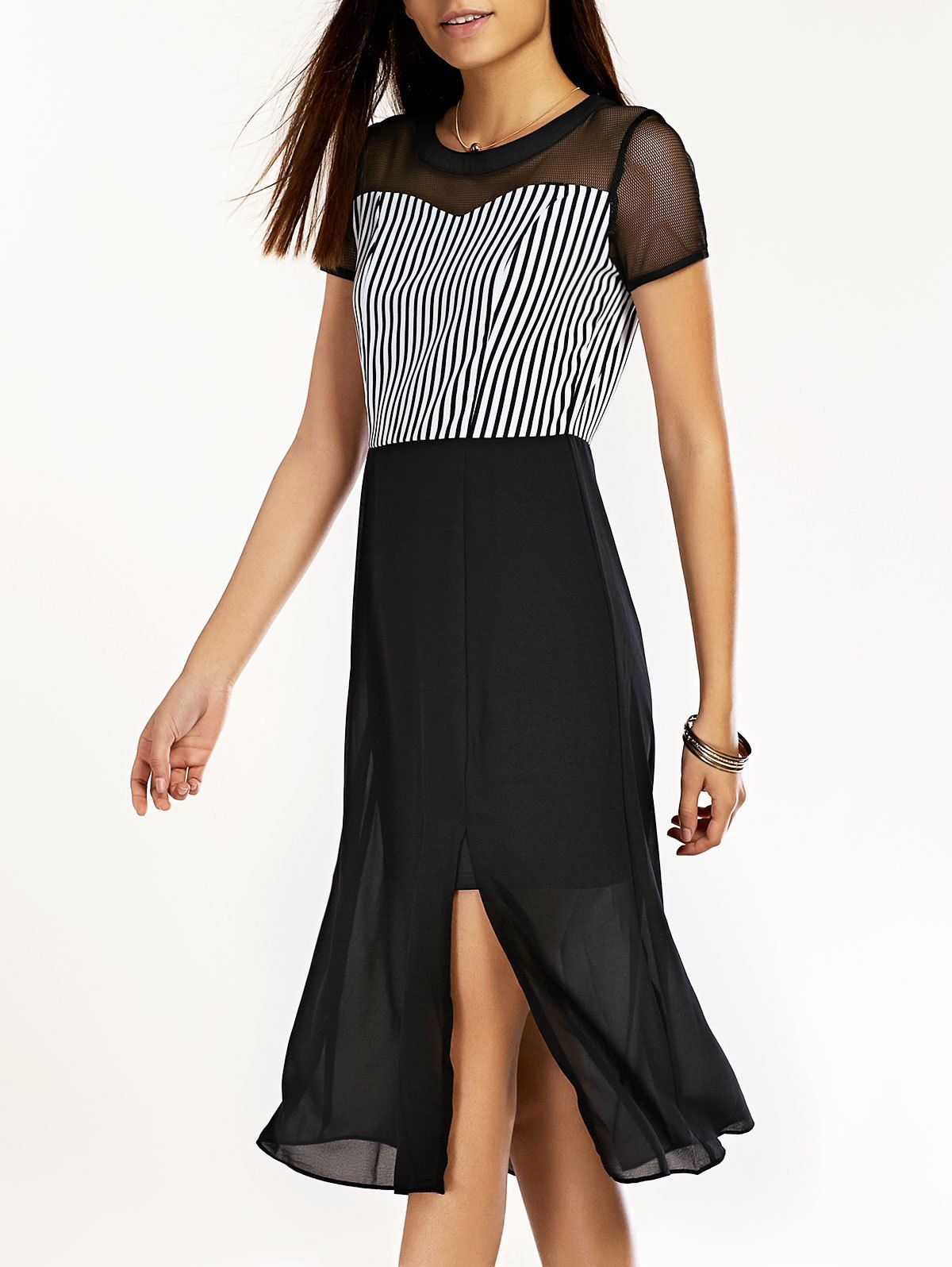 

Striped See-Through Furcal Short Sleeve Dress, Black
