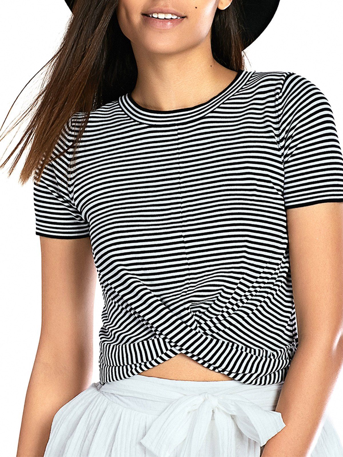 

Fashionable Twist Front Striped Women's T-Shirt, White and black
