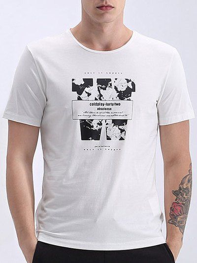 

Letters Print Splicing Round Neck Short Sleeve Men's T-Shirt, White