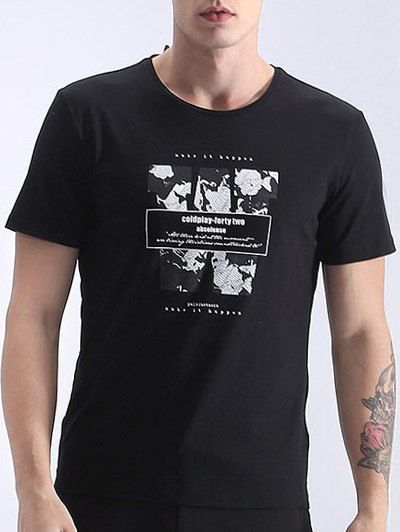 Lettres T-shirt imprimé Splicing col rond manches courtes hommes s ' - Noir XL