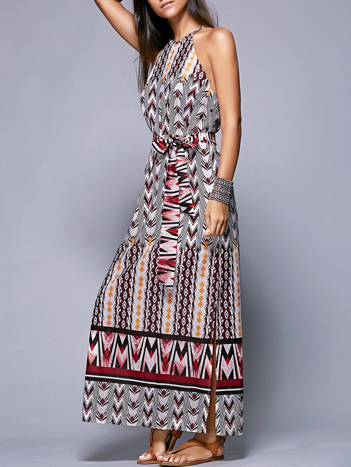 

Bohemian Side Slit Belted Women's Dress, Colormix