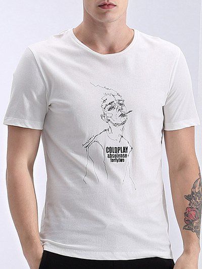 

Letters and Cartoon Print Fashion Round Neck Short Sleeve Men's T-Shirt, White