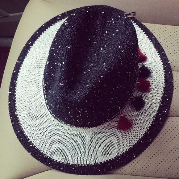 Panama Style Tassel Pendant Lace-Up Sequins Embellished Summer Travelling Women's Sun Hat - Noir 