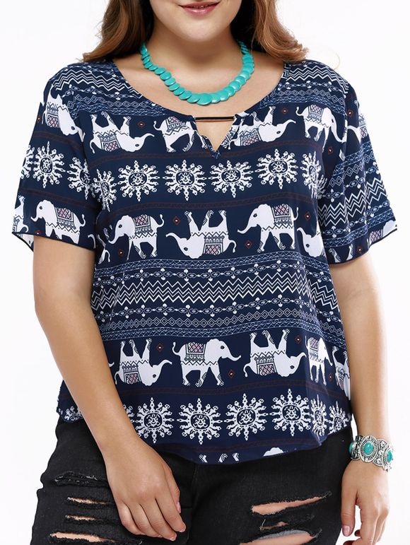 Évider Elephant T-shirt mignon d'impression pour les femmes - Bleu profond 6XL