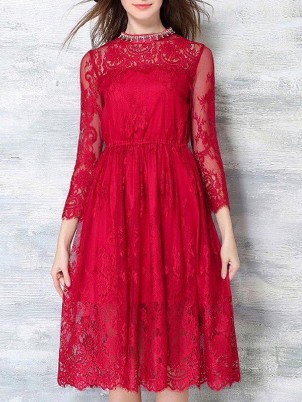 

Beaded Laced Splicing Round Neck Crochet Dress, Red