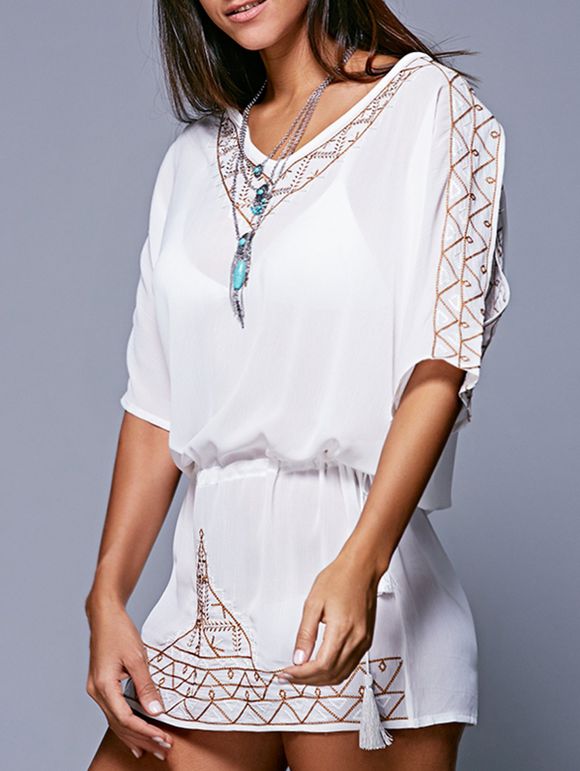 Bohême Style Embroidery Lace-Up Cover-Up - Blanc XL