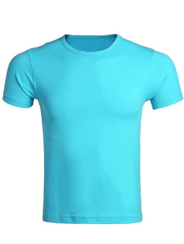 

Round Neck Short Sleeve Cotton Blends Men's T-Shirt, Lake blue