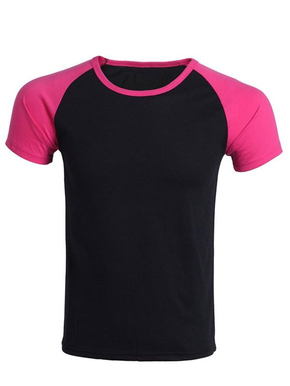 T-shirt Color Block Splicing raglan en coton à manches Blends col rond Hommes  's - Noir et Rose S