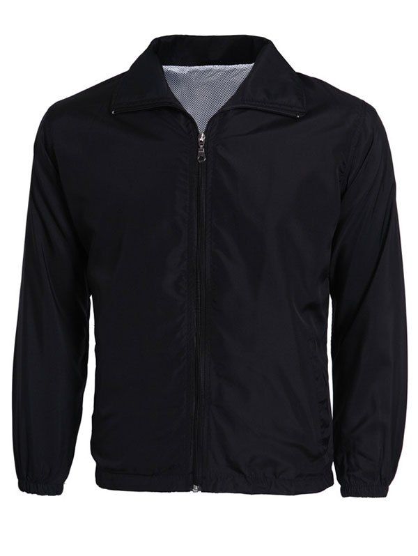 

Zip-Up Turn-Down Collar Long Sleeve Solid Color Men's Jacket, Black