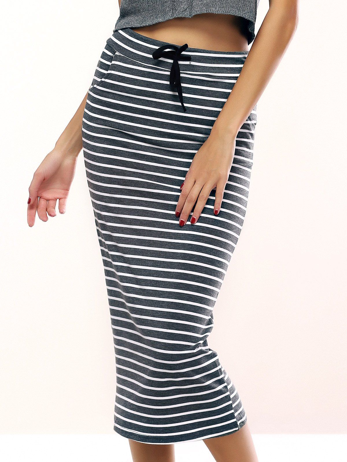 Brief Drawstring Striped Skirt For Women - GREY/WHITE ONE SIZE