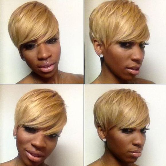 Élégant Droit d'or humain Cheveux courts Pixie Cut capless perruque pour les femmes - 27 Blonde d'Or 