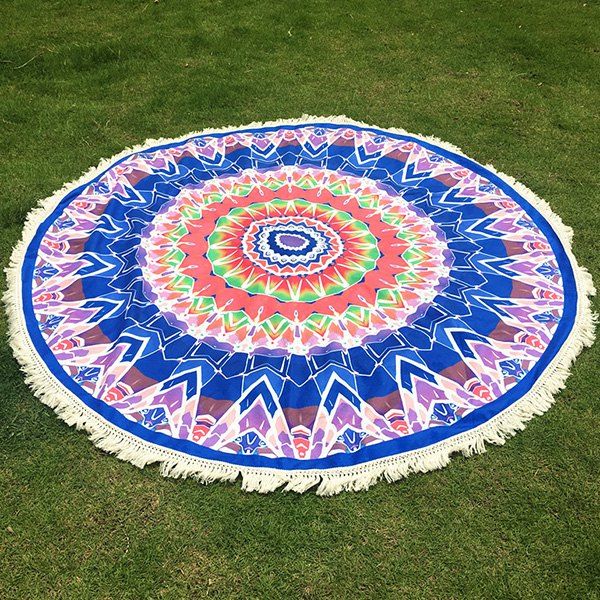 

Bohemian Tassel Fringing Tribal Geometric Totem Yoga Mat Gypsy Cotton Tablecloth Round Beach Throw, Blue