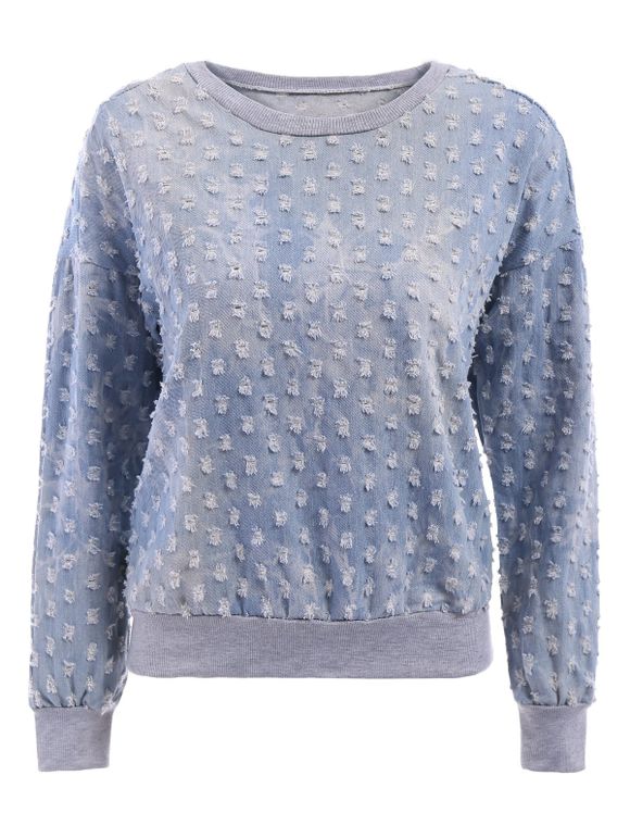Frayed Denim Splicing Scoop Collar Long Sleeve Stylish Women's Sweatshirt - Bleu S