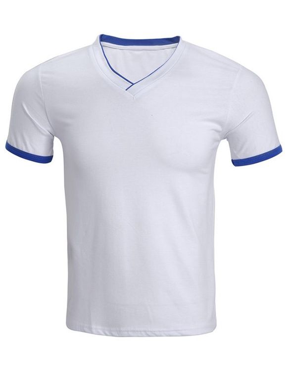 Short Sleeve Cotton Blends V-Neck Spliced Design Men's T-Shirt - Blanc 3XL