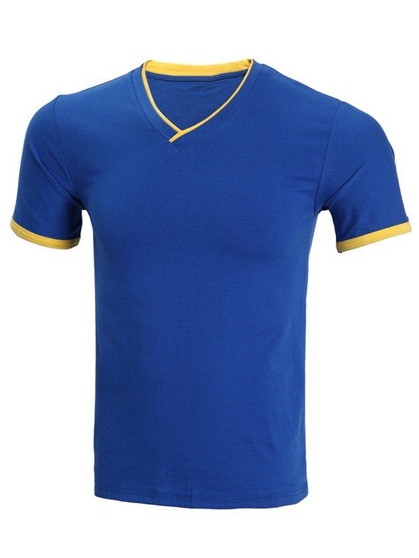 

Short Sleeve Cotton Blends V-Neck Spliced Design Men's T-Shirt, Blue