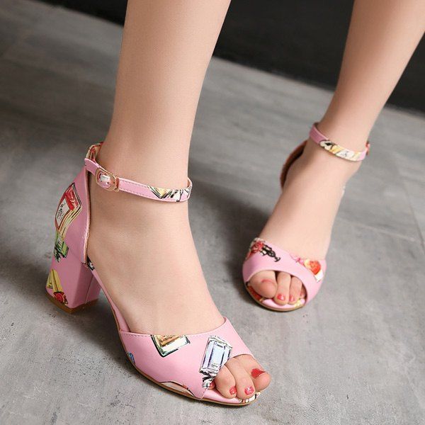

Trendy Ankle Strap and Perfume Bottle Printed Design Women's Sandals, Pink