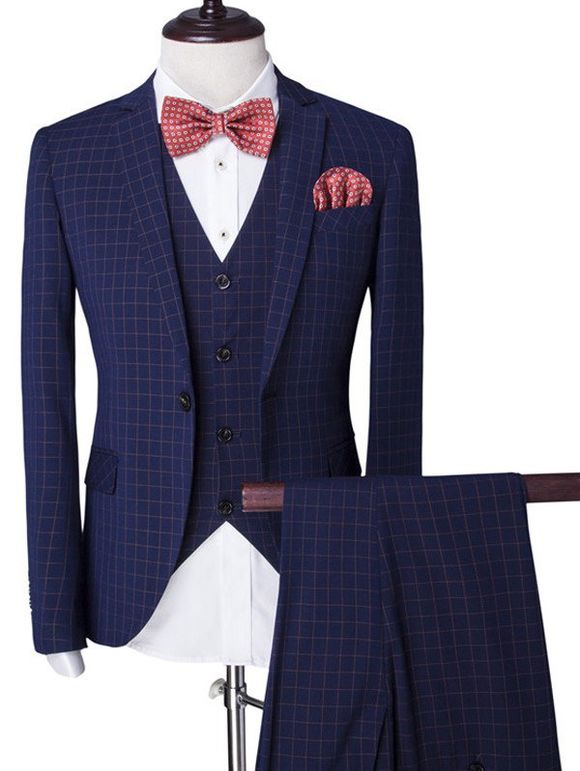 Vintage Plaid unique poitrine revers manches longues hommes d  'Three-Piece Suit (Blazer + Gilet + Pantalon) - Bleu 2XL