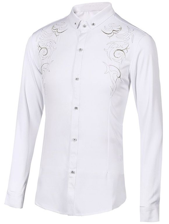 Turn-Down Collar Floral Embroidery Long Sleeve Button-Down Men's Shirt - Blanc 2XL
