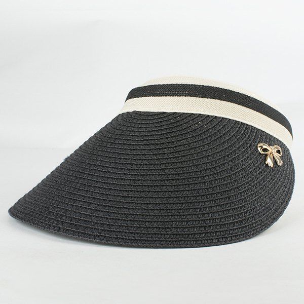 

Chic Small Alloy Bowknot Embellished Open Top Women's Straw Visor, Black