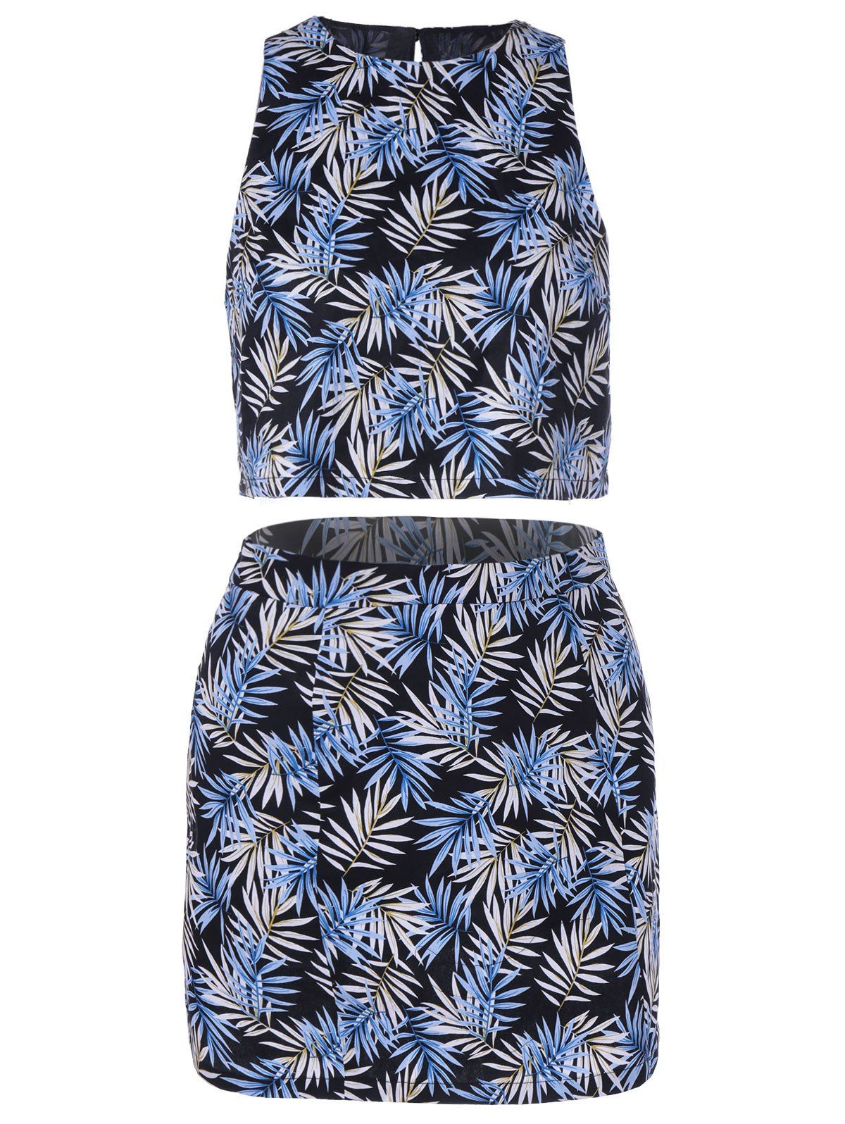 

Stylish Women's Round Neck Sleeveless Floral Print Crop Top + Skirt, Colormix