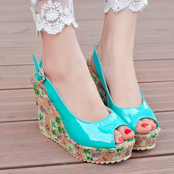 

Trendy Patent Leather and Floral Print Design Women's Peep Toe Shoes, Lake green