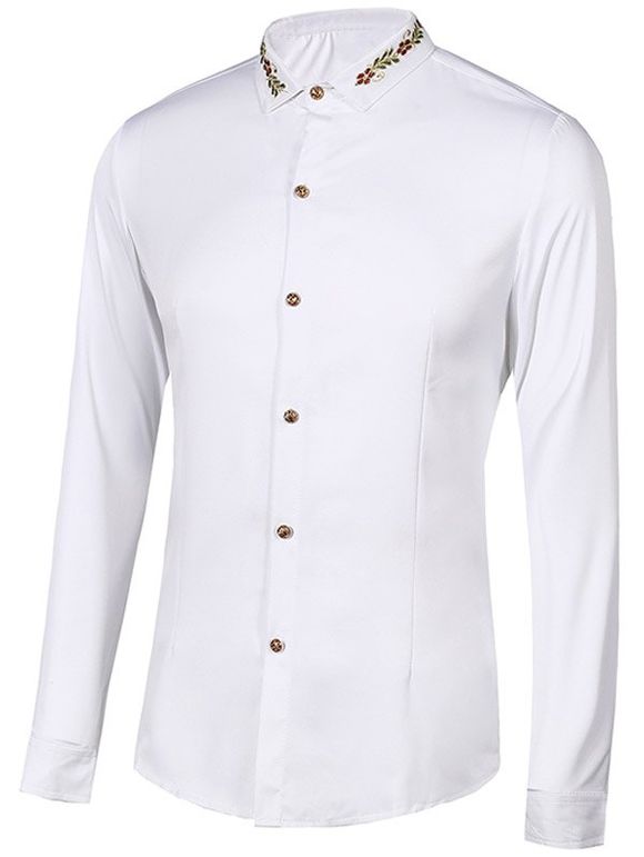 Col rabattu Floral Embroidery manches longues hommes  's Shirt - Blanc M
