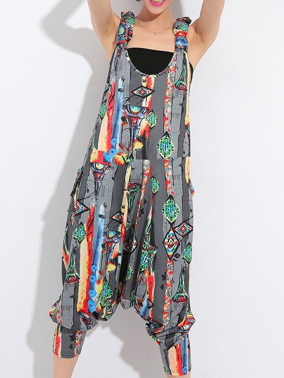 Stylish Pocket Design Print Women's Baggy Jumpsuit - Gris ONE SIZE