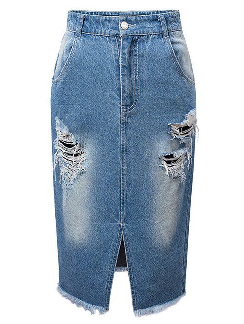 Pocket design Furcal Ripped Denim Skirt - Bleu Toile de Jean XL