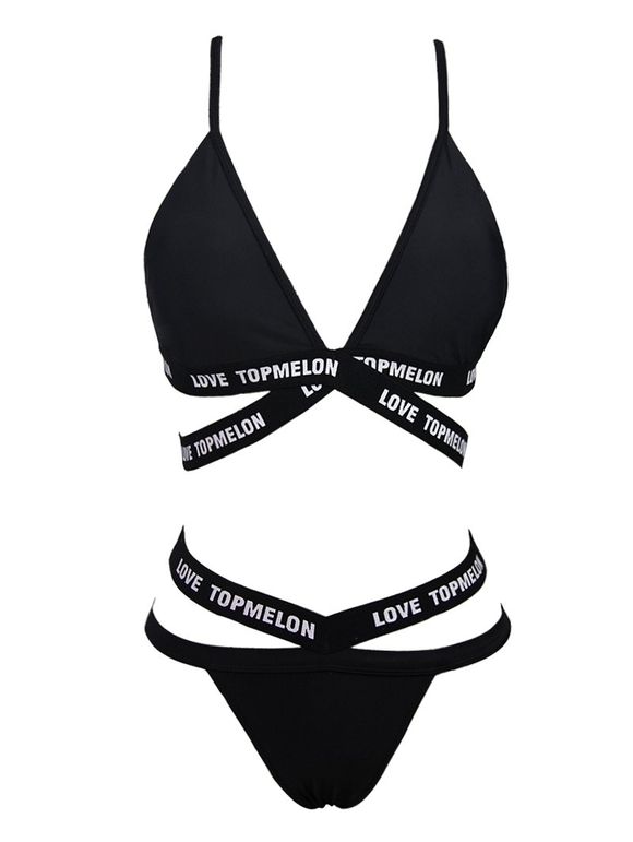Chic Lettre Imprimer Criss-Cross Ensemble bikini pour les femmes - Noir L