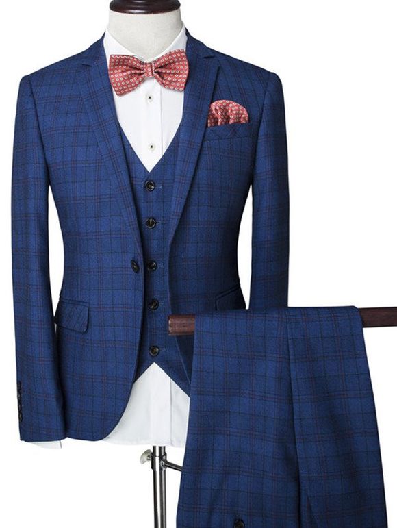 Plaid unique poitrine revers manches longues hommes d  'Three-Piece Suit (Blazer + Gilet + Pantalon) - Bleu XL