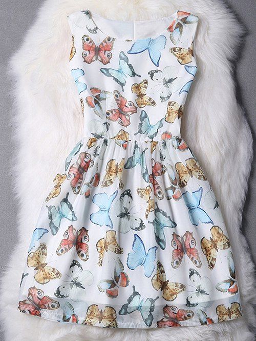 Sleeveless Butterfly Pattern High Waist Dress - Blanc L