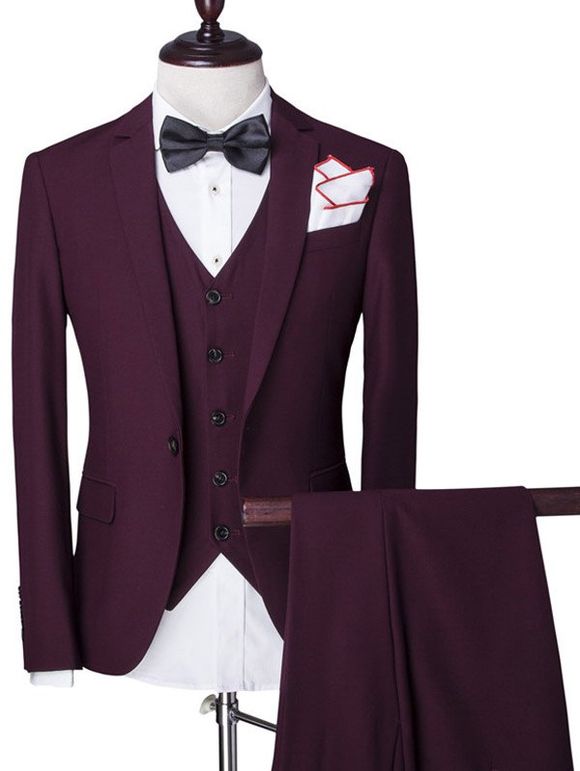 Solide Couleur unique poitrine revers manches longues hommes d  'Three-Piece Suit (Blazer + Gilet + Pantalon) - Rouge vineux 2XL