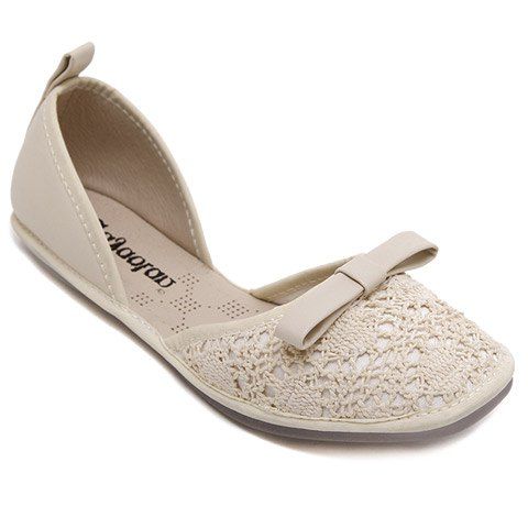 Chaussures Plates Adorables Design Tricot et Nœud pour Femmes - Blanc Cassé 39