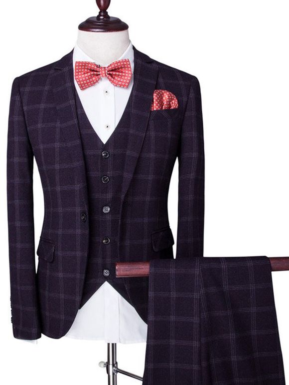 Simple boutonnage Plaid revers manches longues hommes d  'Three-Piece Suit (Blazer + Gilet + Pantalon) - Violet Foncé L