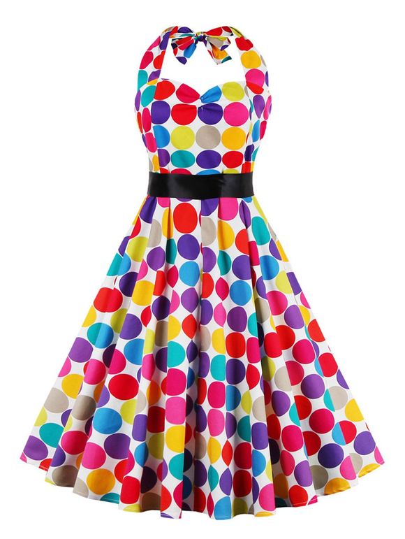 Retro Halter sweetheart Neck Colorful Polk Dot Dress - multicolore L