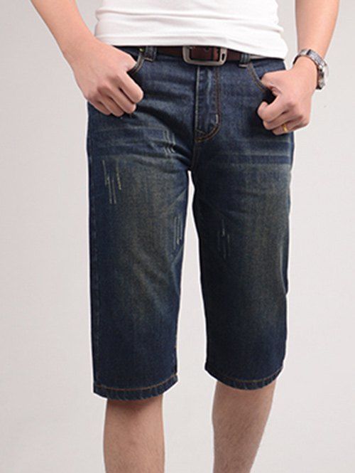 s 'Denim Shorts Solid Color Bleach Wash Zipper Fly Straight Leg Men - Bleu profond 32