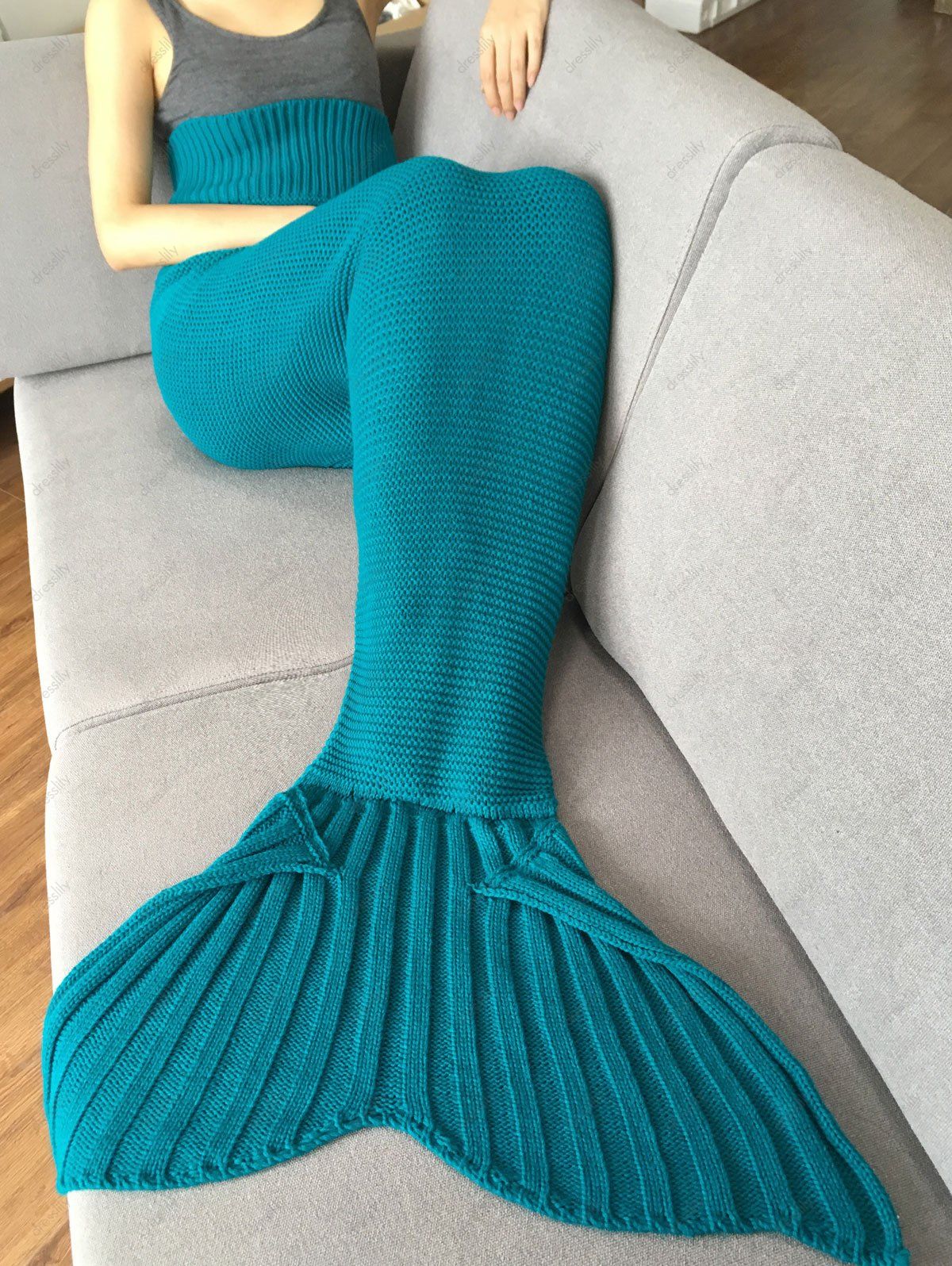 2018 High Quality Solid Color Knitted Mermaid Tail Design Blankets For Adult TURQUOISE In