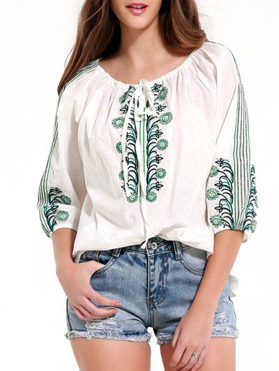 

Vintage 3/4 Sleeve Embroidered Blouse, White