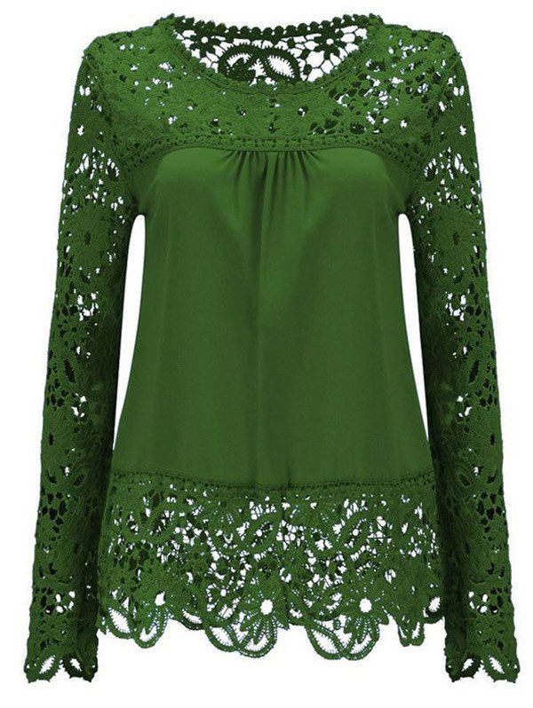 [17% OFF] 2021 Solid Color Lace Spliced Hollow Out Blouse In GREEN ...