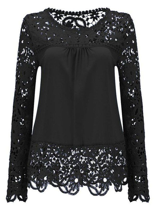 

Solid Color Lace Spliced Hollow Out Blouse, Black