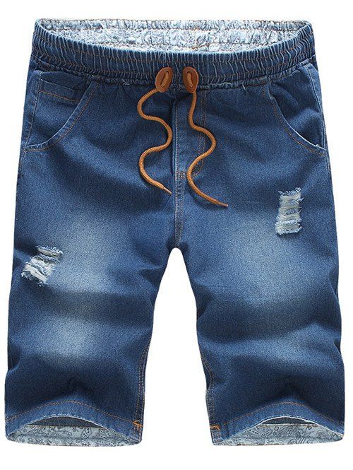 

Casual Drawstring Waistband Distressed Design Denim Shorts For Men, Medium blue