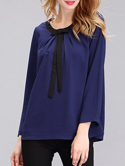 Pure Color Jewel Neck bowknot Chemisier en mousseline de Simple Femmes - Bleu Violet L