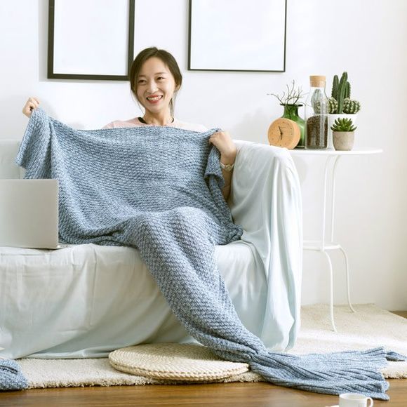 Hot Sale Coton Tricoté Solid Color Mermaid Tail Blanket - Bleu L