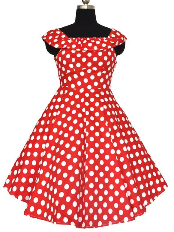 Retro Polka Dot Convertible Flouncing Dress - Rouge M