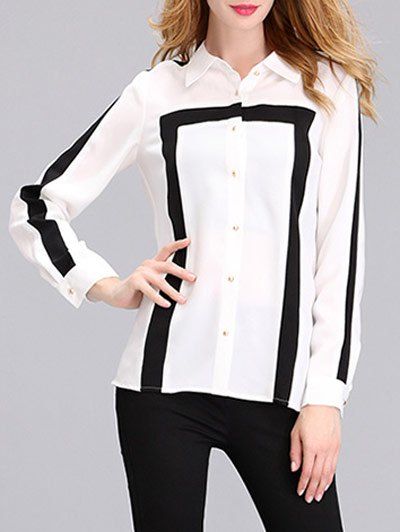 Stripe Color Block manches longues en mousseline de soie shirt - Blanc L