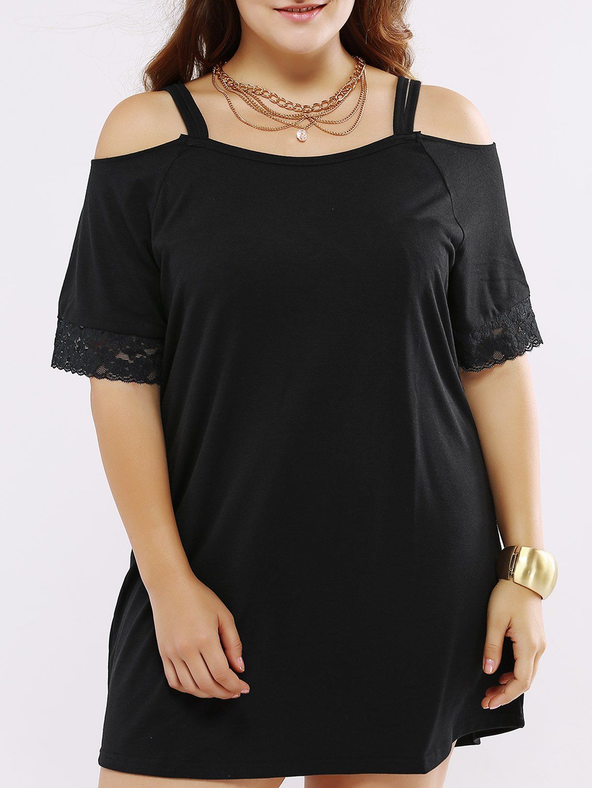 

Oversized Casual Cold Shoulder Lace Patchwork Dress, Black