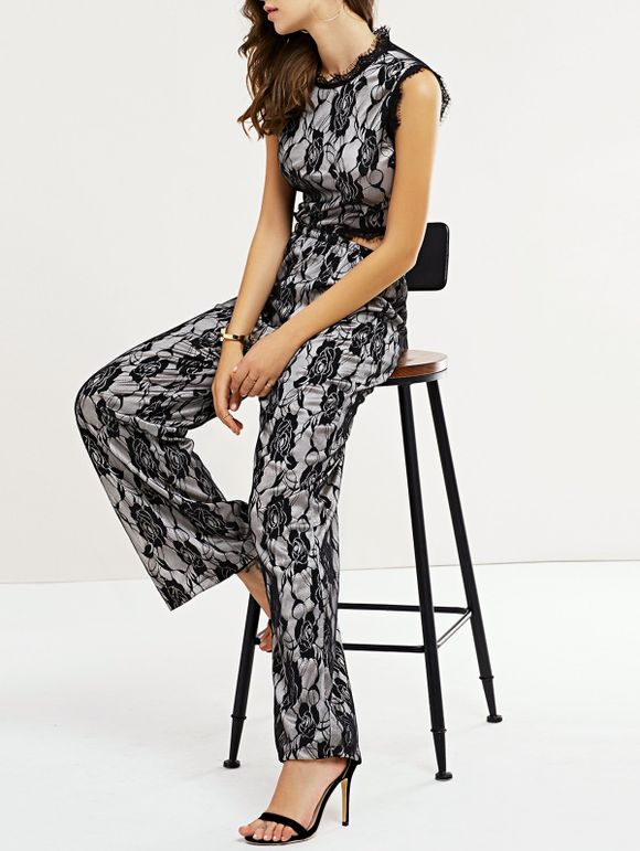 Motif Chic Floral Lace Zipper design femmes s 'Jumpsuit - Noir XL