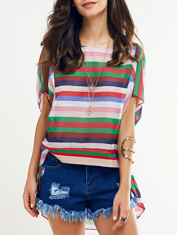Colorful Batwing Sleeve Striped T-Shirt For Women - multicolore XL