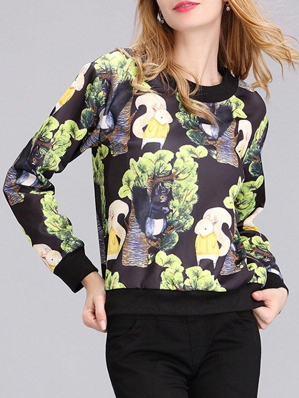 

Chic Women' Round Neck Squirrel Print Sweatshirt, Black